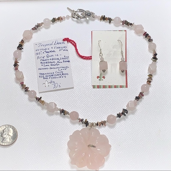 Handcrafted “Tropical Dreams” Pink Quartz Tourmaline & 925 Necklace & Earrings - Picture 4 of 14